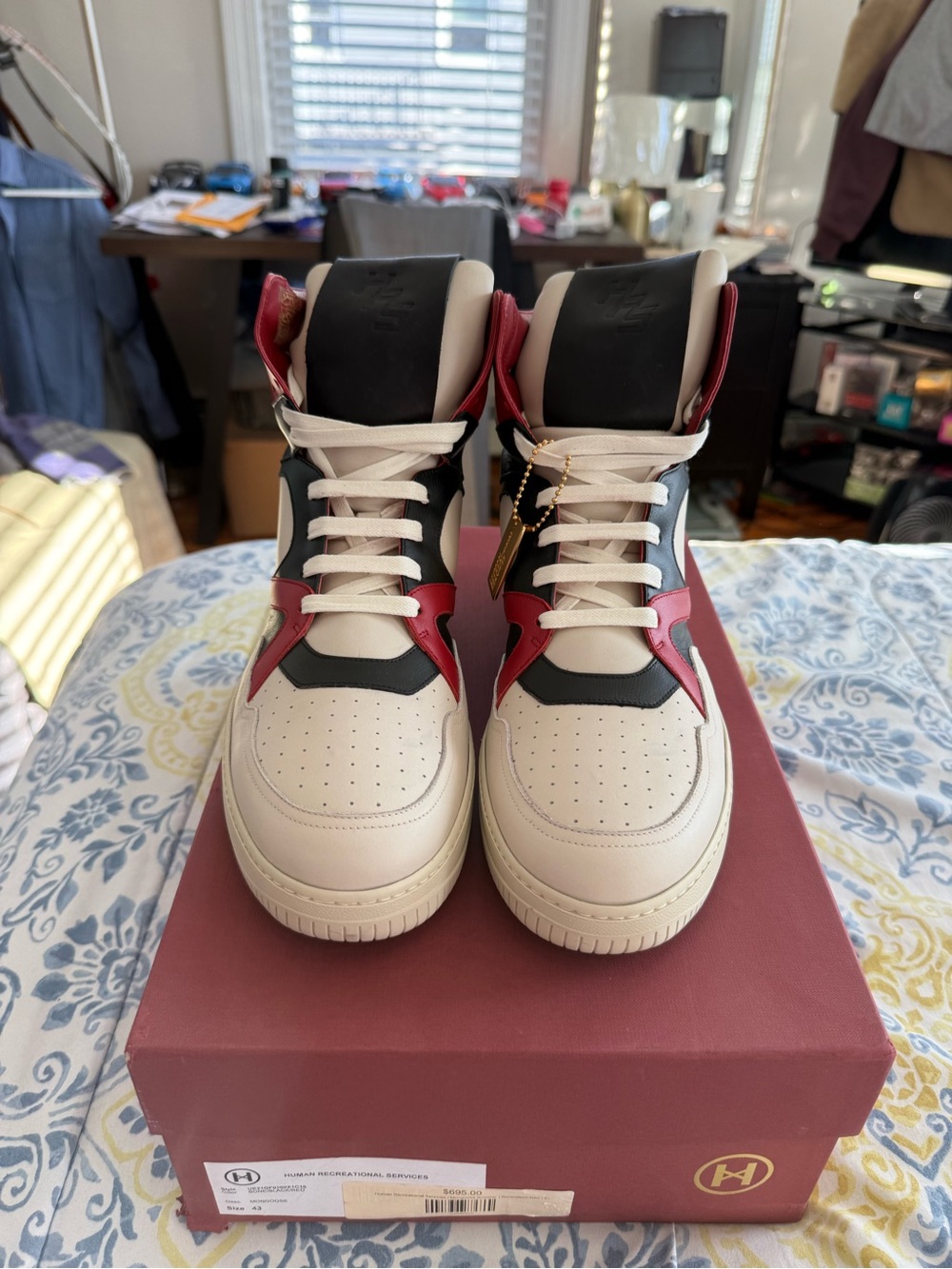 High-Top Athletic Sneakers in Cream, Black & Red